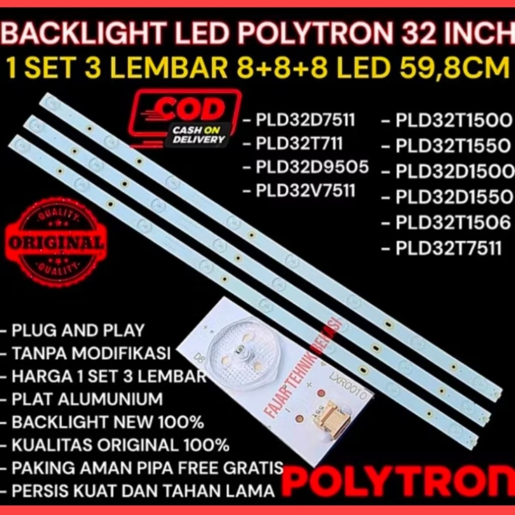 backlight LED TV POLYTRON 32 INCH INCI 8K 3V- 8 MATA 3 VOL-8 KANCING 3VOLT -PLD32D7511 -PLD32T711 -P