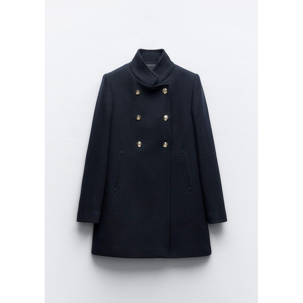 zara winter coat navy blue size: S (no tag) , double breasted high neck wool blend coat