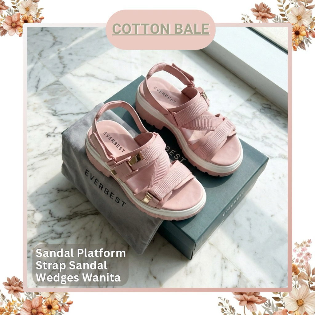 [BEST SELLING] EVB Strap Sandal Wanita Sporty Original Everbest Sandal Wedges Platform WELAS Pink Se