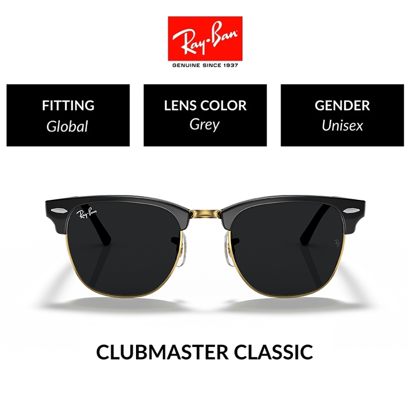 New 100% Original Ray-Ban Kacamata Hitam CLUBMASTER RB3016 Sunglasses Black pria wanita Grey