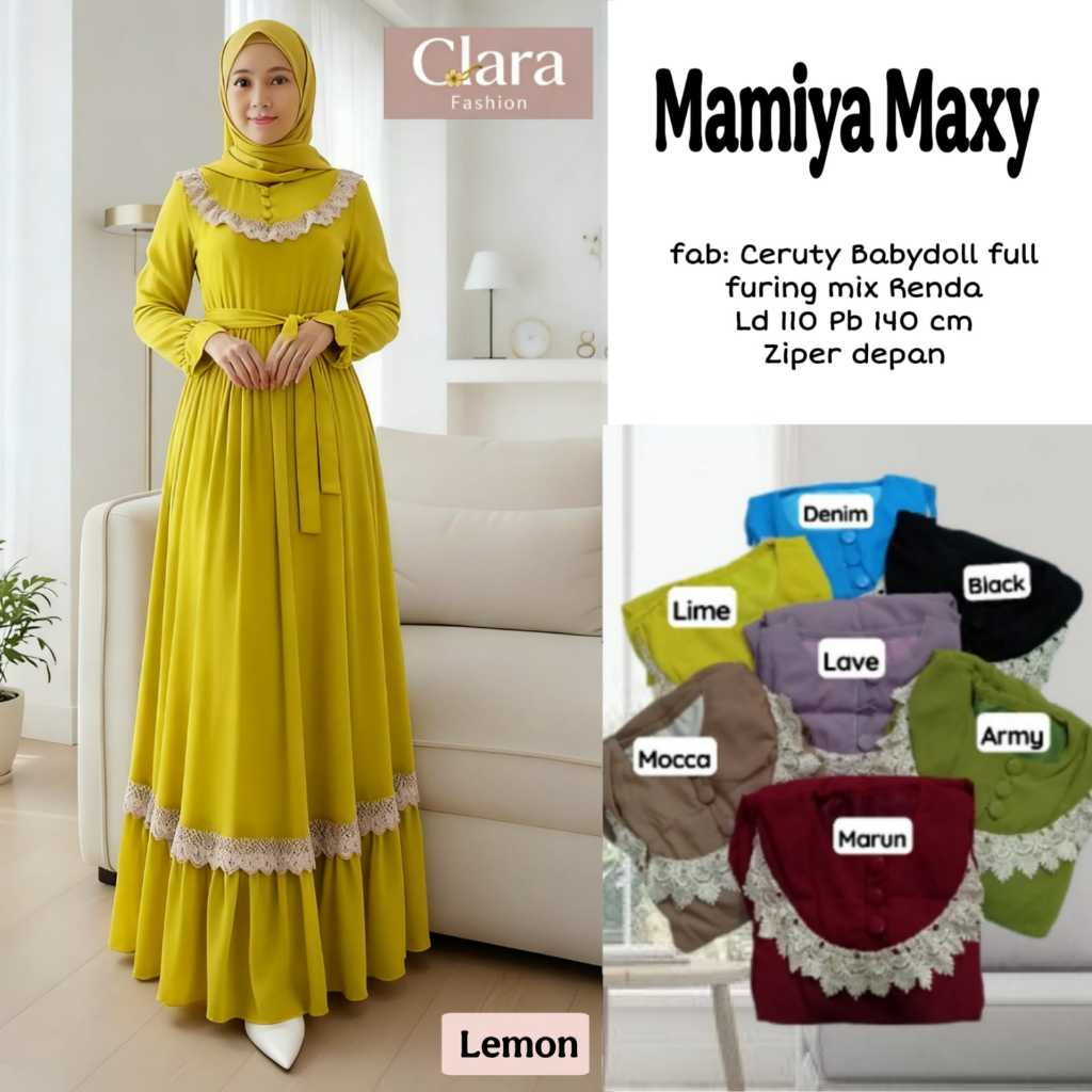 Mamiya Gamis Maxy Dress Original Clara Fashion Ceruty Babydoll Full Furing Mix Renda Elegan Mewah Zi