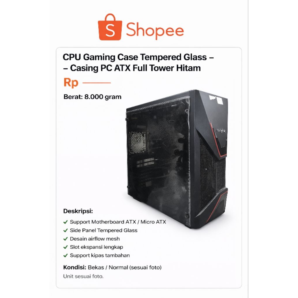 CPU Gaming Case Tempered Glass – Casing PC ATX Full Tower Hitam