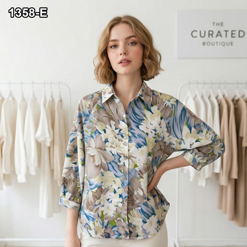 Baju BANGKOK BKK Import : LD 110cm Kemeja Blouse Wanita Fashion Atasan Lengan 7/8 #1358-E