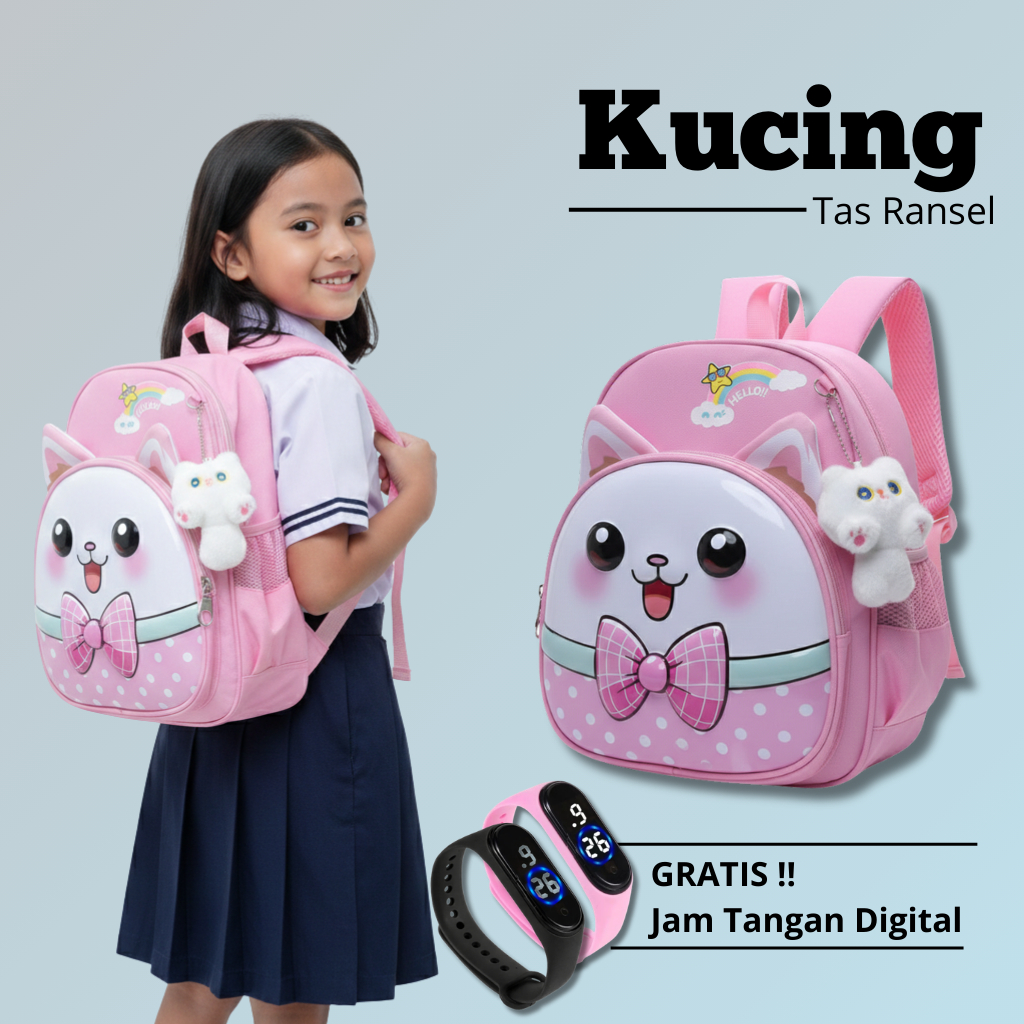 Tas Ransel Anak Perempuan TK Dan SD Model 3D Timbul Karakter Kucing Lucu Dan Stylish Free Jam Tangan