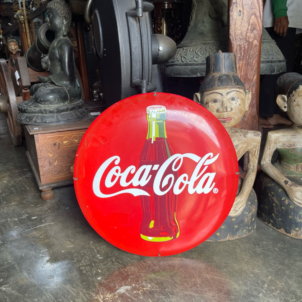 Enamel Papan Iklan Coca-Cola "button" Botol Bulat Merah Lawas Jadul Tua