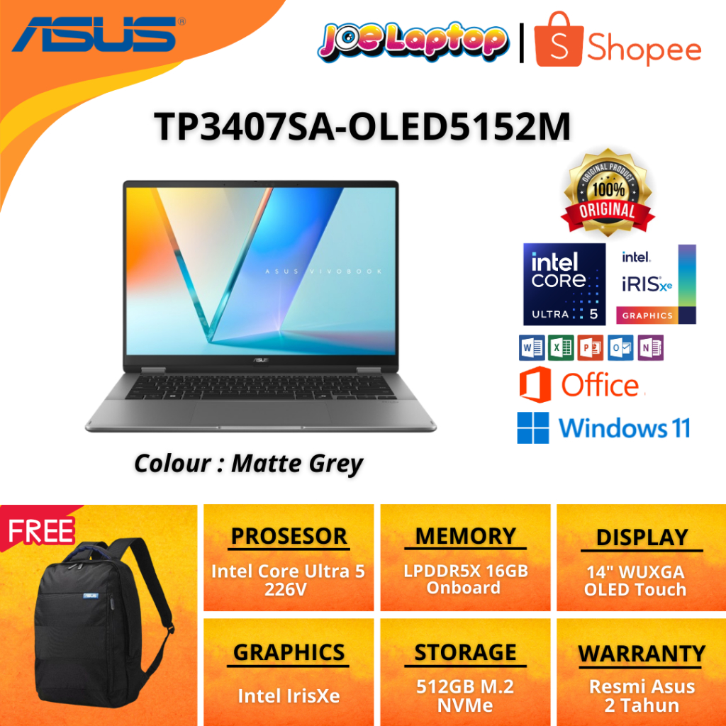Asus Vivobook 14 Flip TP3407SA-OLED5152M Matte Grey Ultra 5 226V Win11 OHS