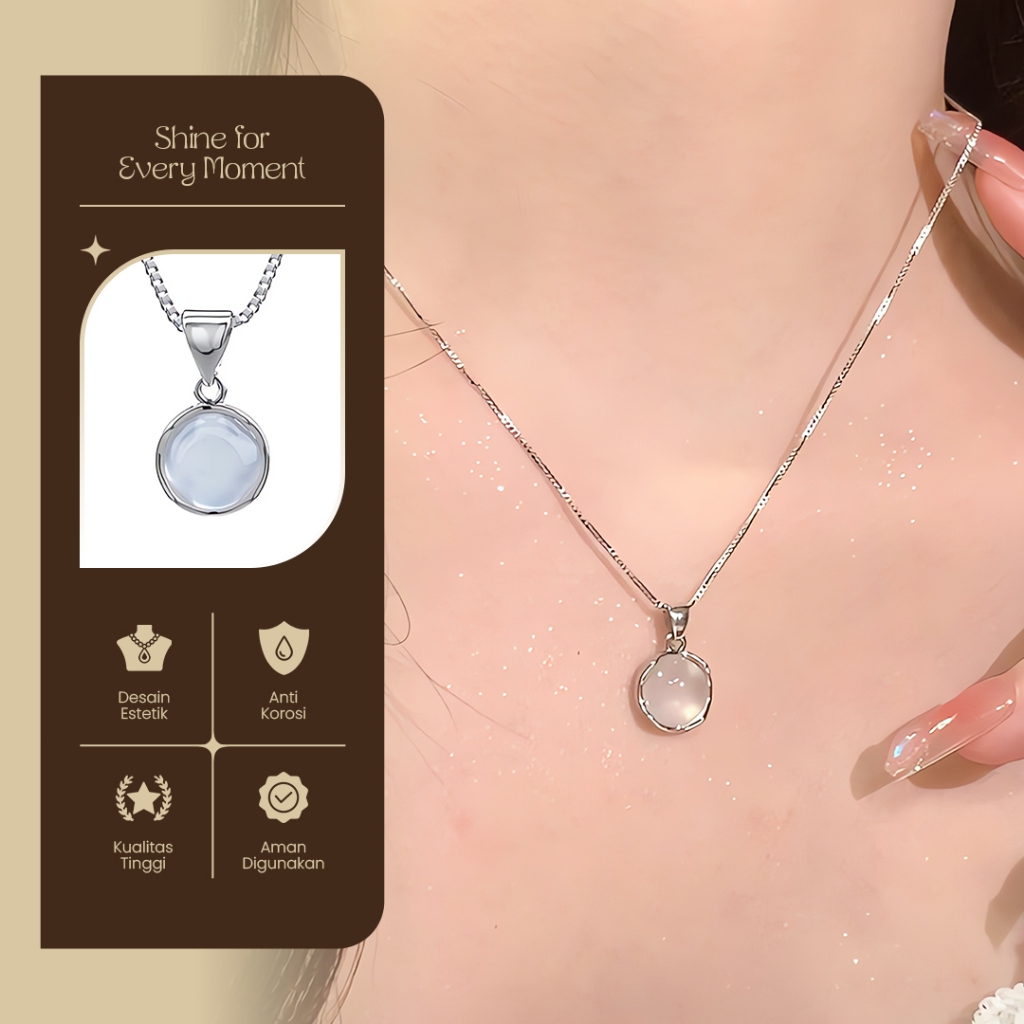 Kalung Wanita Silver Liontin Bulat Batu Opal Putih Adjustable Anti Karat Korean Style Simple Elegan