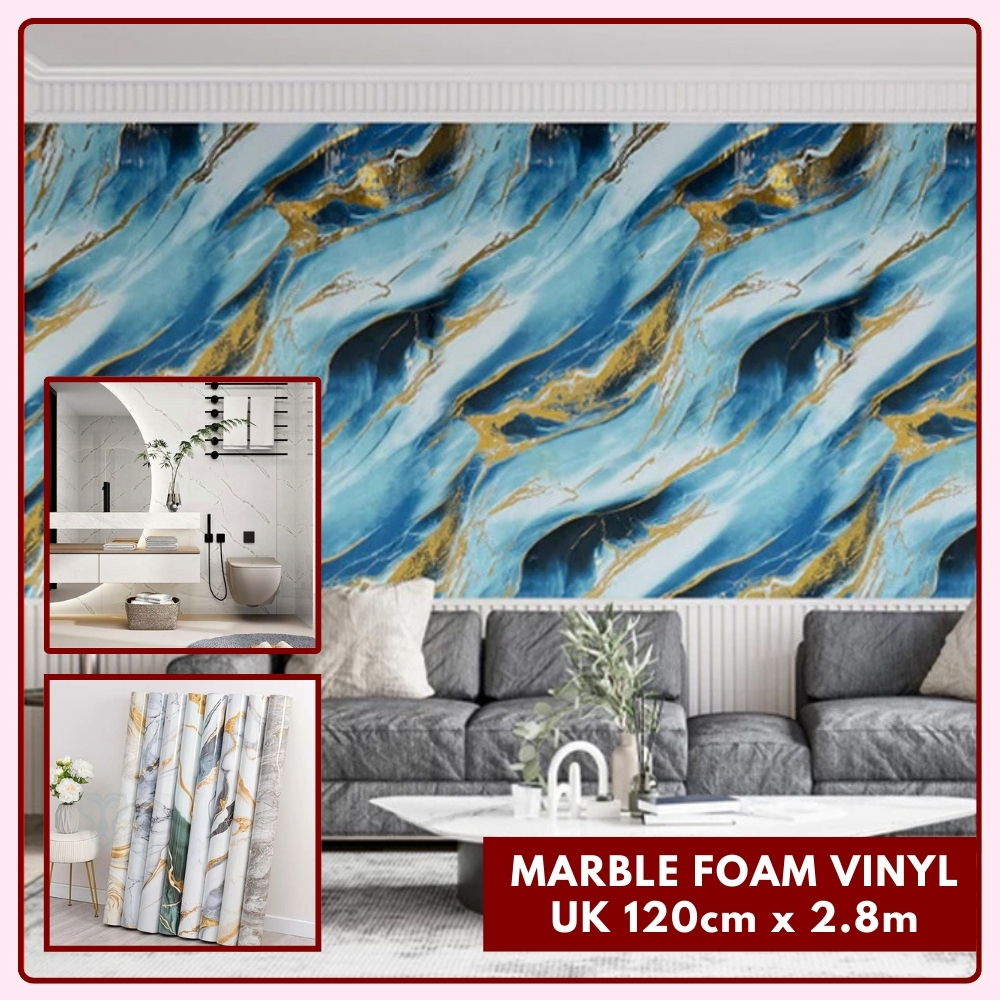 Wallpaper Dinding Foam Dekorasi Ruang Tamu Marmer Stiker Alas Meja Motif Marble Foam Biru Waterproof