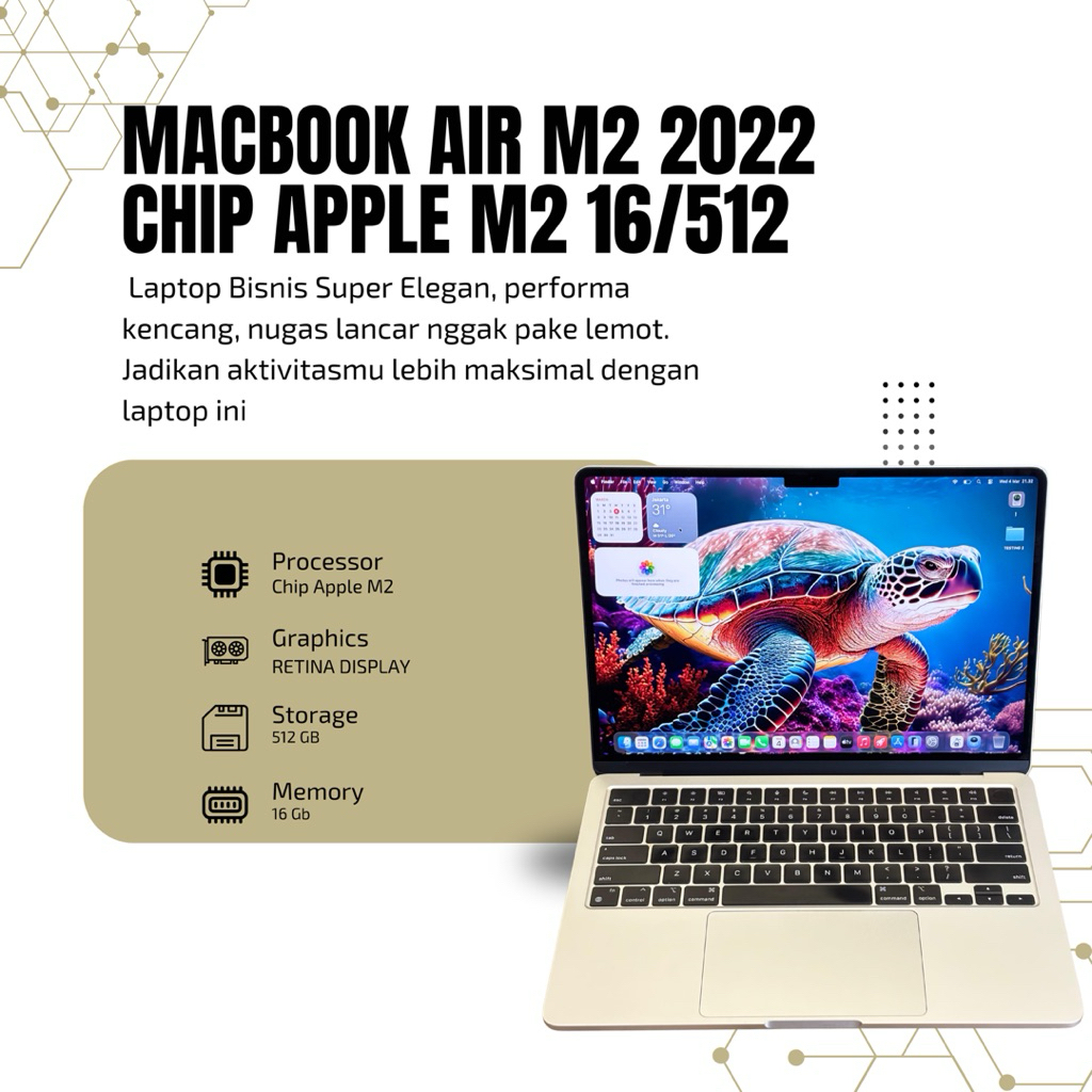 MACBOOK AIR M2 2022,CHIP APPLE M2,MEMORI 16GB ,SSD 512 GB