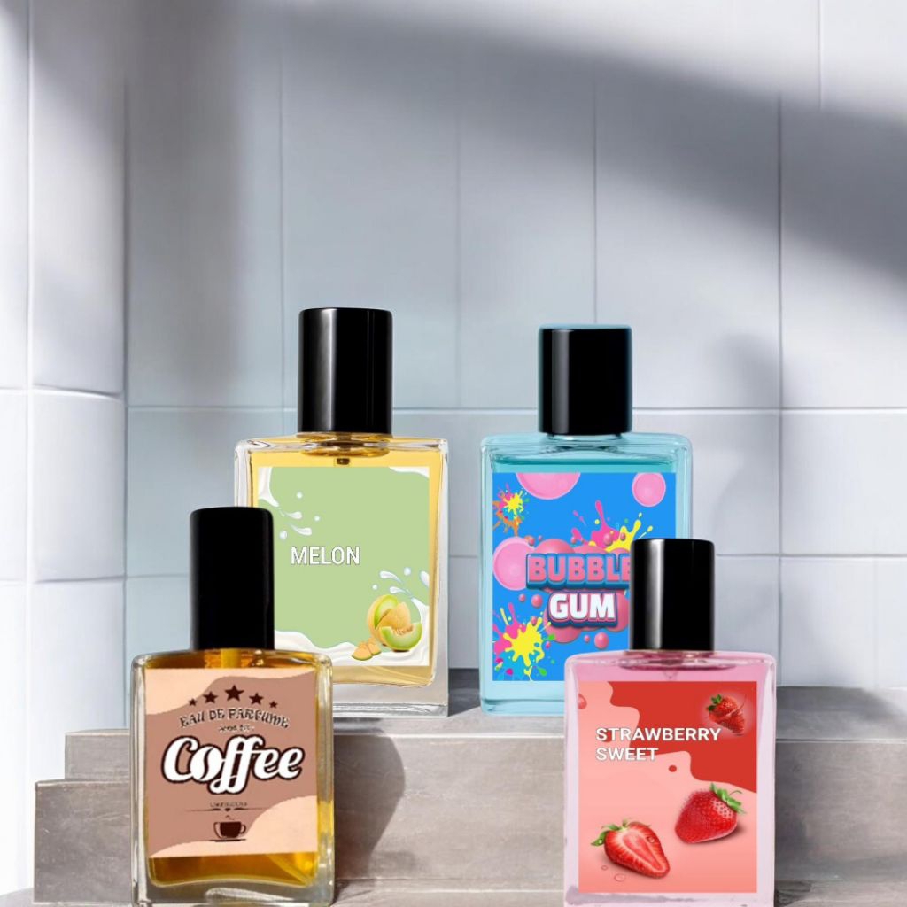 parfum aroma Bubble gum biru melon strowberry coffee botol kaca 30ml wangi tahanl ama