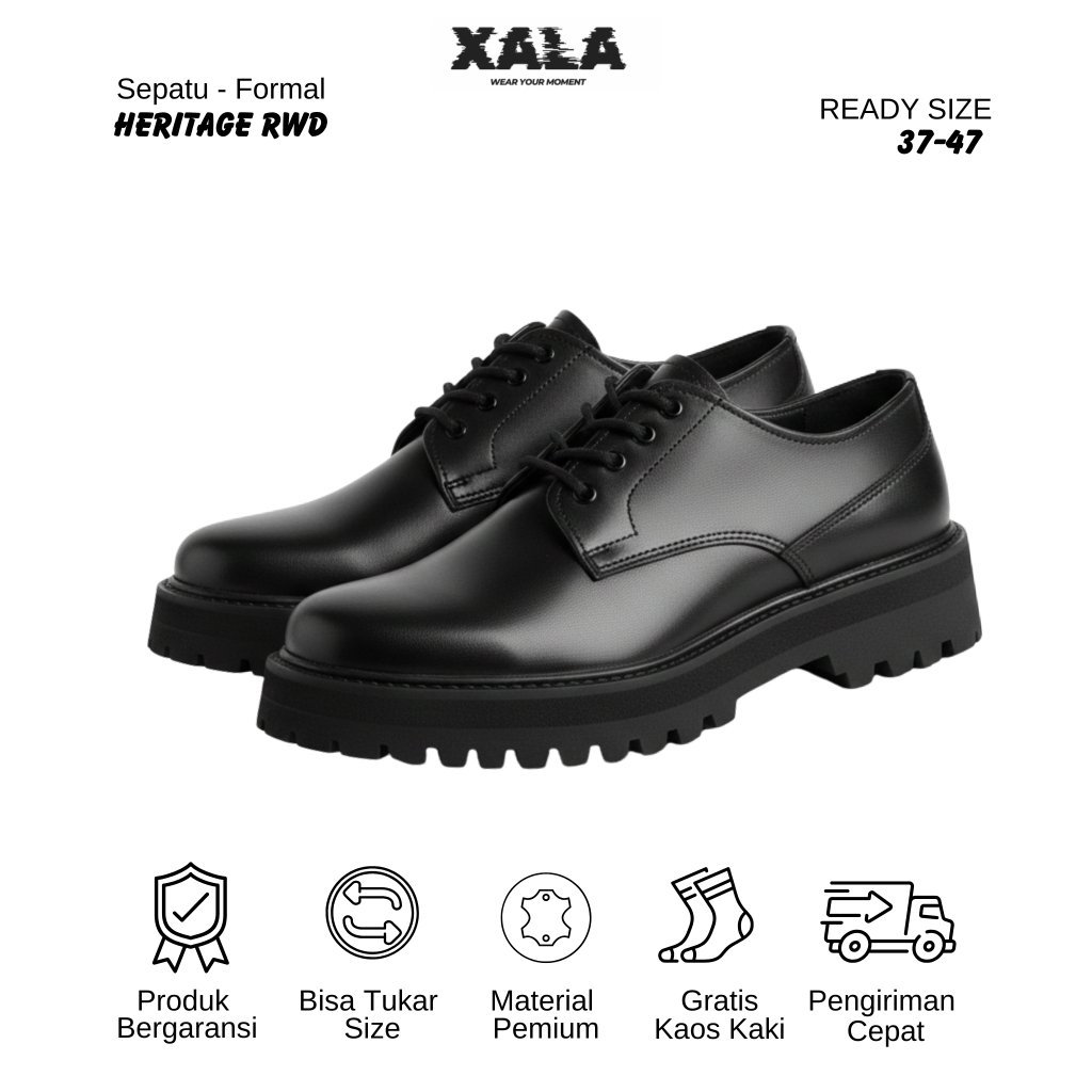 Xala - Herytage RWD Black Sepatu Formal Pria Wanita Casual Kerja Kantor Semi Kulit Simple Basic Hita
