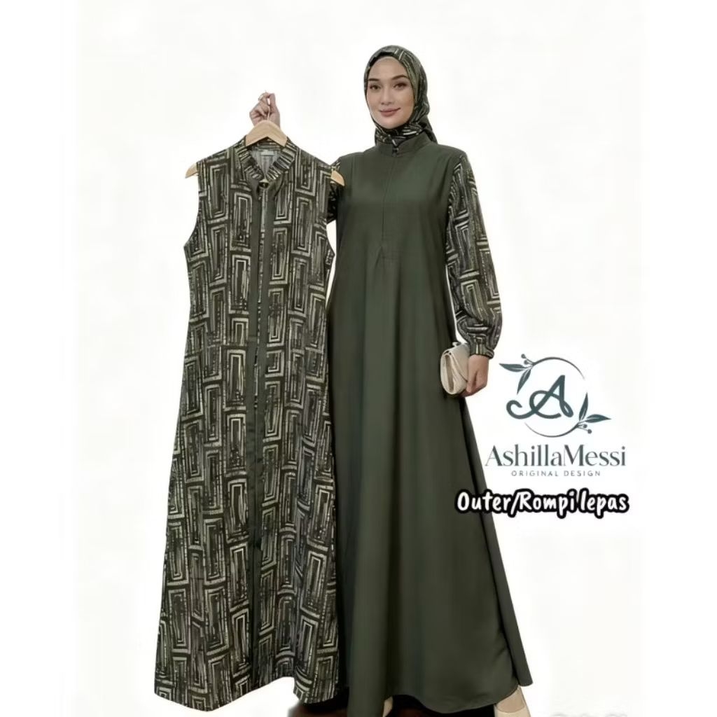 Gamis Ashillaa Messi bahan Viscose model rompi Gamis 2in1 outer terpisah ukuran Dewasa