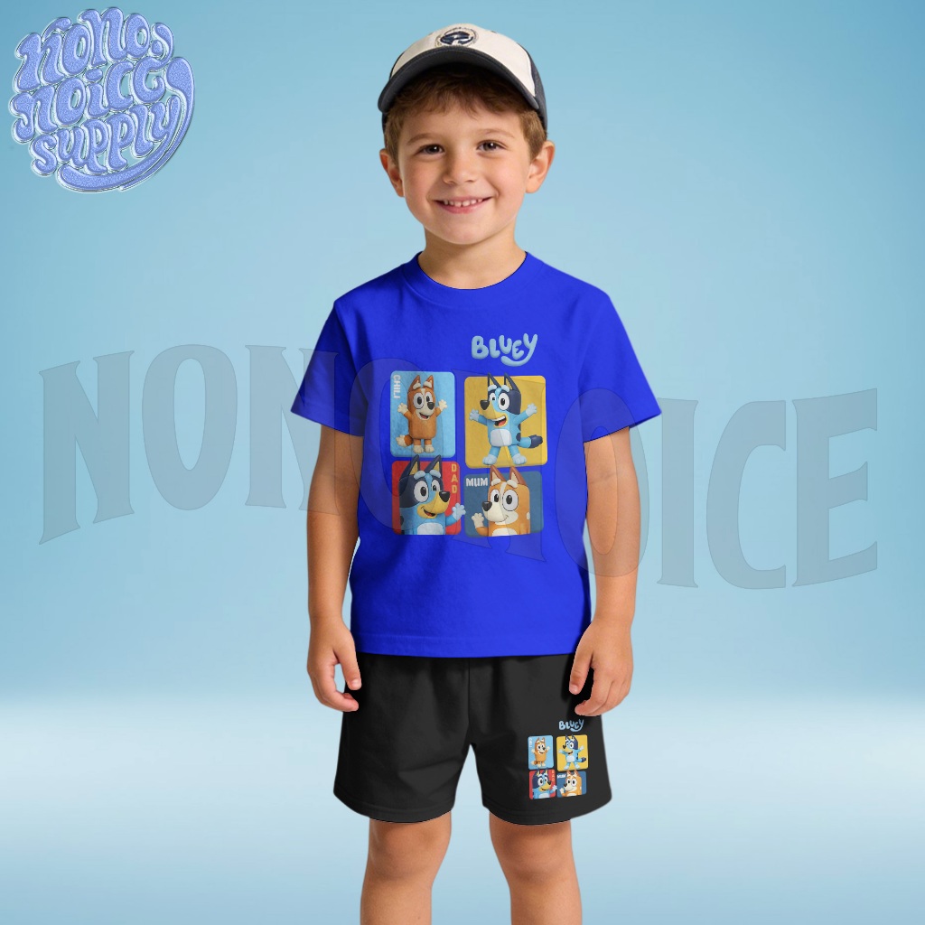 Setelan Celana Kaos Anak Bluey Family / Baju Celana Pendek Setelan Anak Bluey Karakter