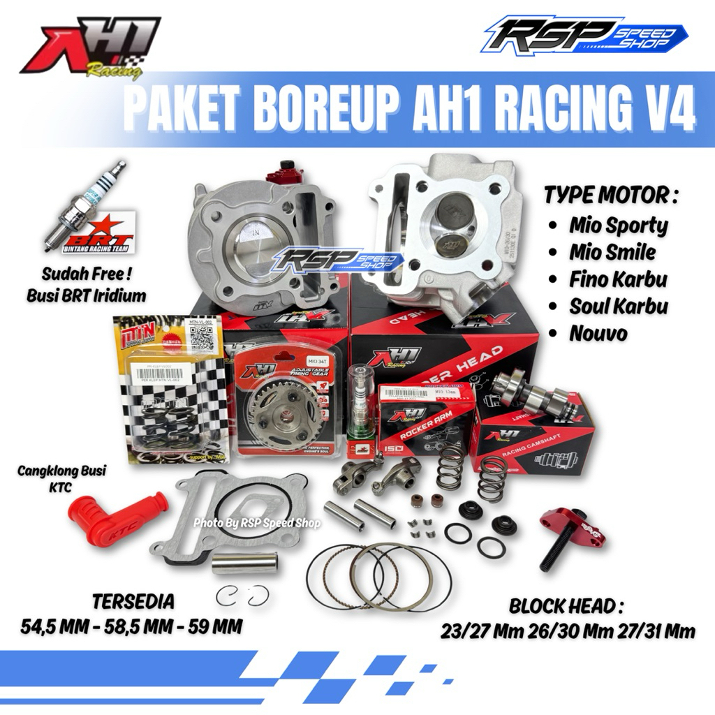 PAKETAN BORE UP AH1 RACING V4 MIO SPORTY/SMILE SOUL KARBU FINO KARBU NOUVO SET BLOK SEHER AH1 54 58,