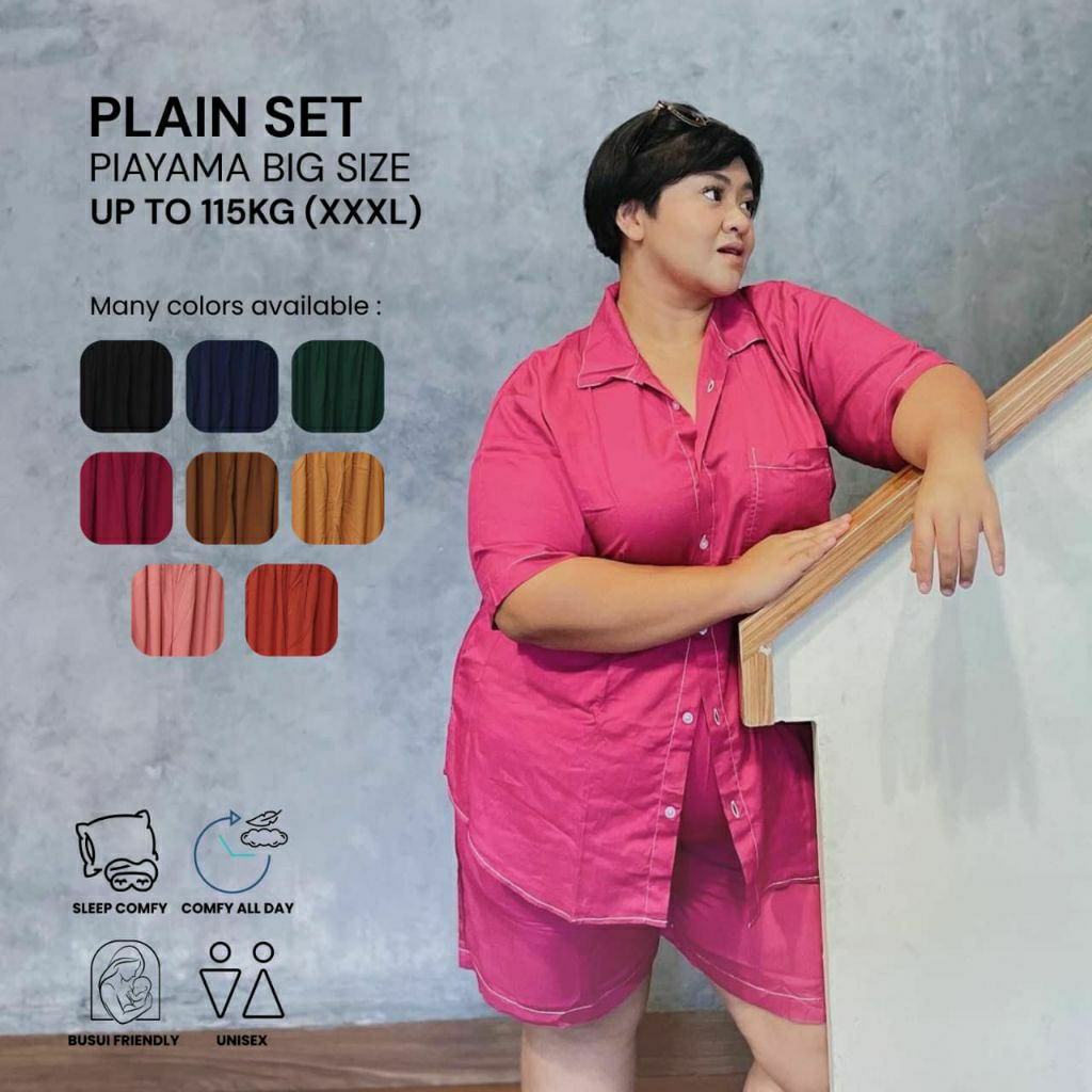 PIYAMA JUMBO PENDEK BAHAN KATUN RAYON | PIYAMA PLUS SIZE KEKINIAN | BAJU TIDUR | PIYAMA POLOS | BAHA