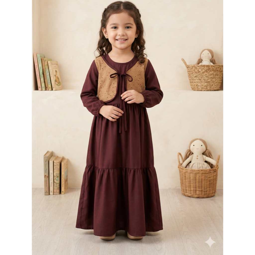 Gamis Anak Perempuan Rayon Twill Kombinasi Brokat | Dress Muslim Anak 3–9 Tahun