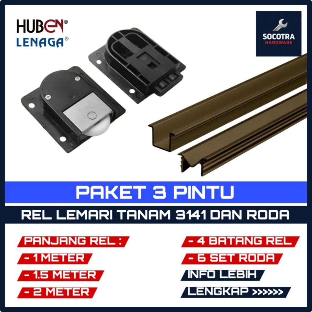 [ 3 Pintu ] Rel Lemari Sliding 3 Pintu 1/1.5/2 Meter Rel LAS - 02 - U M Lengkap Dengan Roda Lemari G