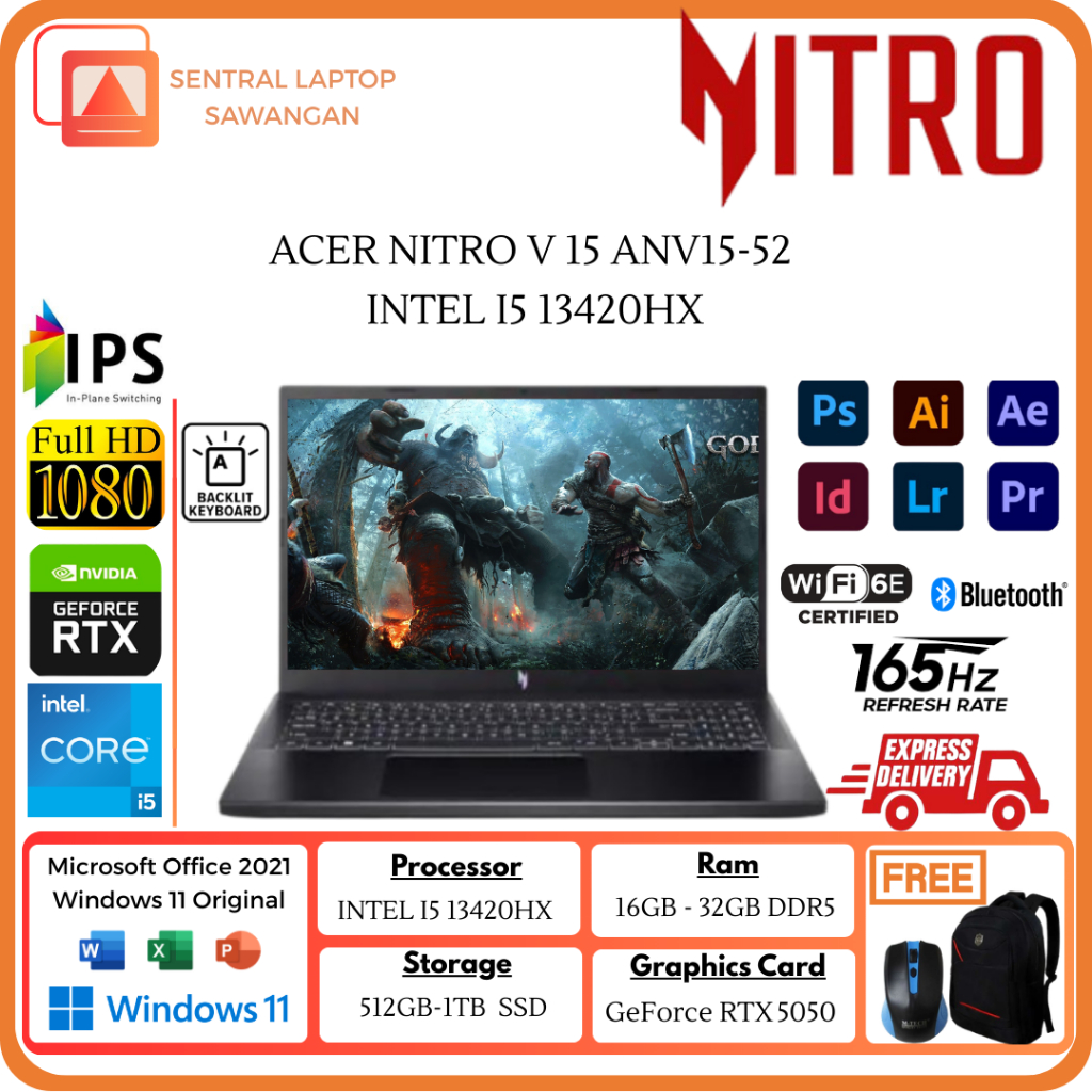 ACER LAPTOP GAMING NITRO V15 ANV15-52 I5 13420HX 32GB 1TB SSD NVIDIA GEFORCE RTX RTX5050 FHD 165HZ