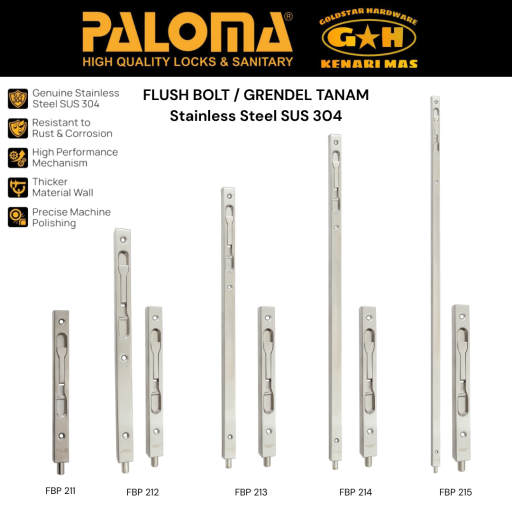 PALOMA FBP GRENDEL TANAM FLUSH BOLT GRENDEL PINTU RUMAH PINTU DUA DAUN  FUTURA STAINLESS STEEL SUS 3