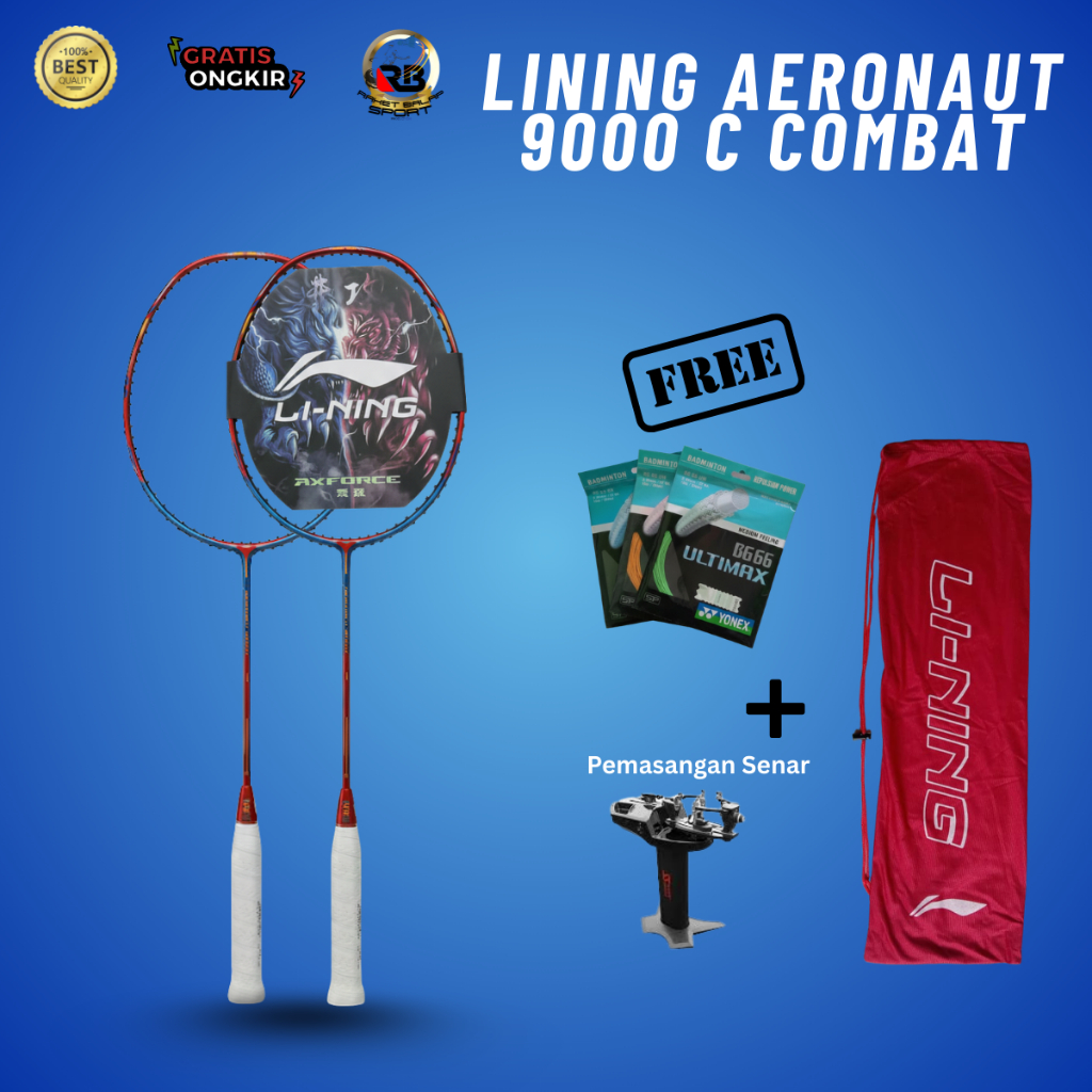 Raket Badminton Lining Aeronaut 9000 C Combat Bahan Karbon Kualitas Premium Ringan & Kuat