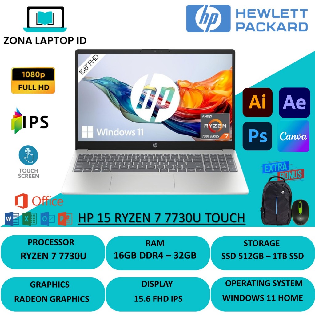 Laptop GAMING HP 15 Amd Ryzen 7 7730U 32GB 1TB 15.6 FHD IPS Touch Windows 11 Home
