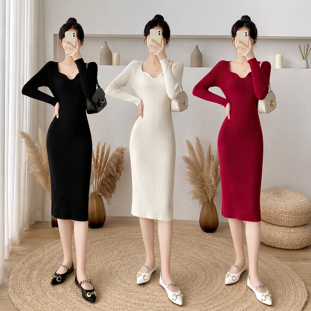 [Hallyu] Vneck Maxi Dress Square V Neck Lengan Panjang Knit Premium | Dress Press Body Square V Neck