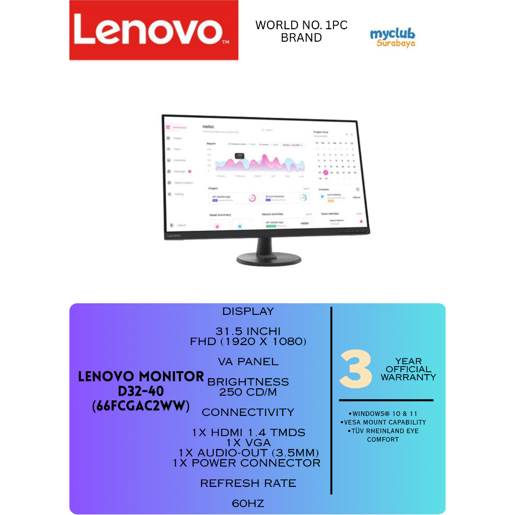 Lenovo Monitor D32-40 31.5inch FHD VA 60hz
