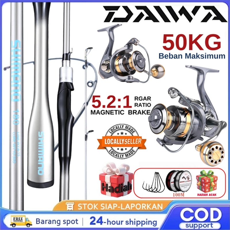 DAIWA Set Joran Pancing Serat Karbon Reel Spinning 5.2:1 Alat Pancing Air Tawar & Laut Lengkap