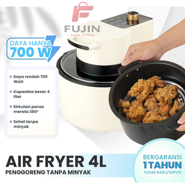 FINITO Air Fryer Kaca 4L Low Watt Tanpa Minyak Timer Otomatis Hitam Putih