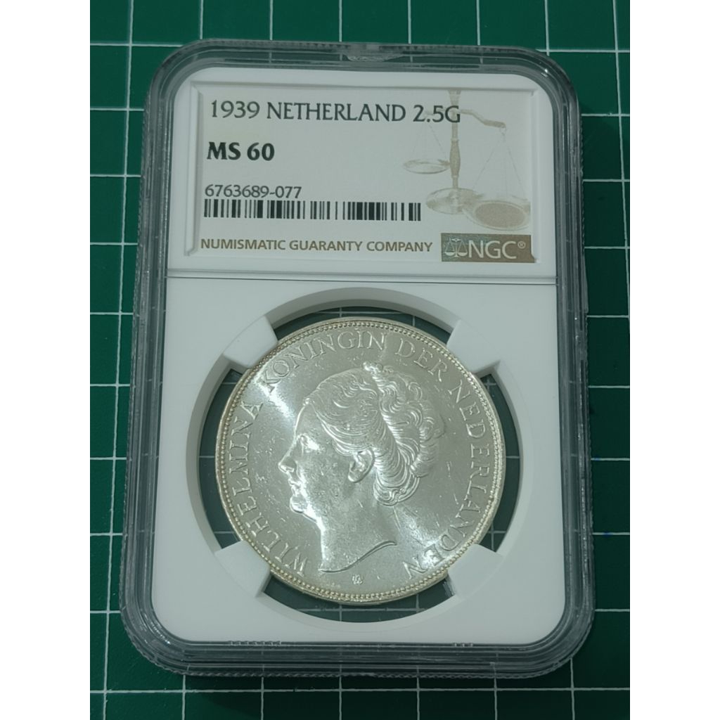 NGC KOIN WILHELMINA 2,5 GULDEN 1939 NGC MS 60 6763689077