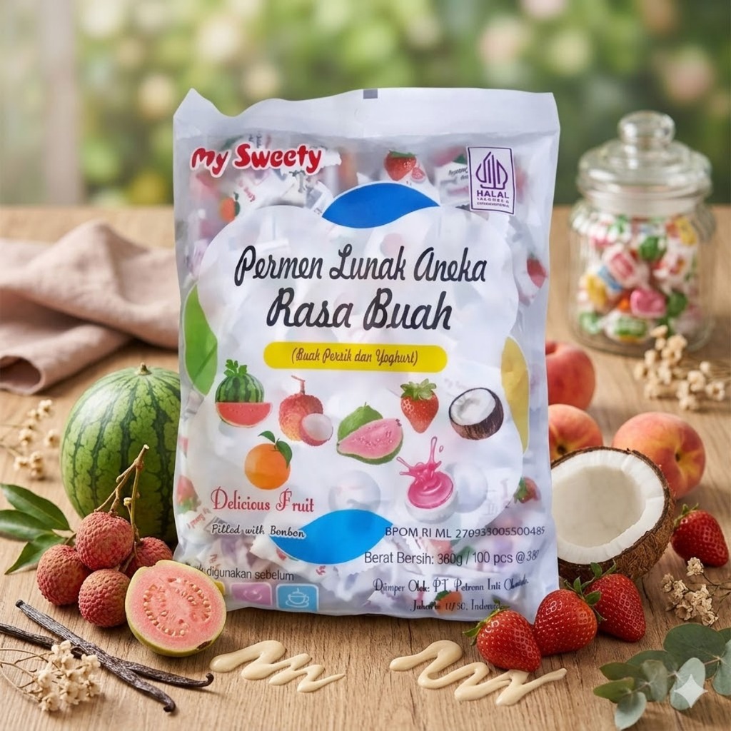 Permen Buah Susu Yogurt My Sweety Rasa Stroberi Apel Jeruk Jambu Biji Semangka Kelapa Persik Halal 3