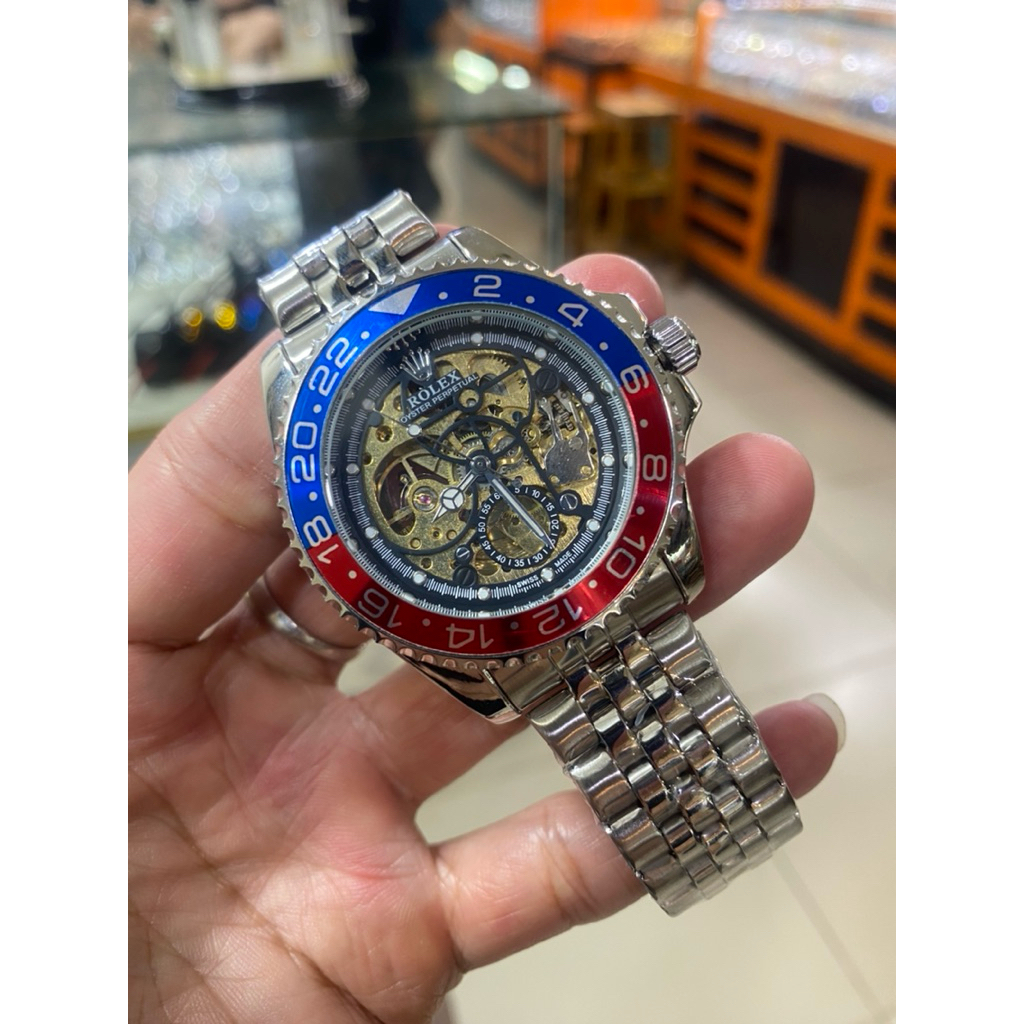 JAM TANGAN PRIA ROLEX PEPSI AUTOMATIC SKLETON FULL EMBOS RANTAI PRESIDENT STEEL