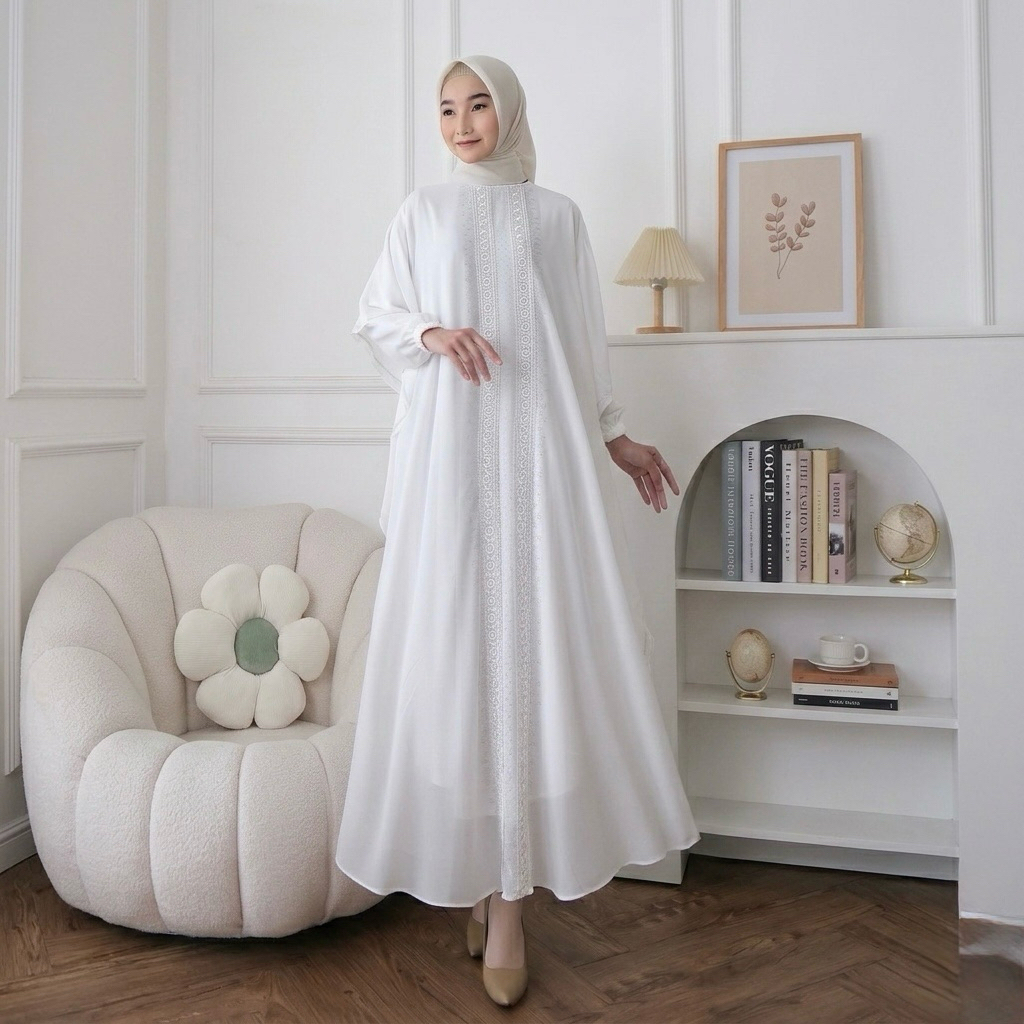 SAKHA - Gamis Kaftan Putih Hitam Premium Bordir dan Payet Elegan | Abaya Hitam Putih Muslimah Jumbo 