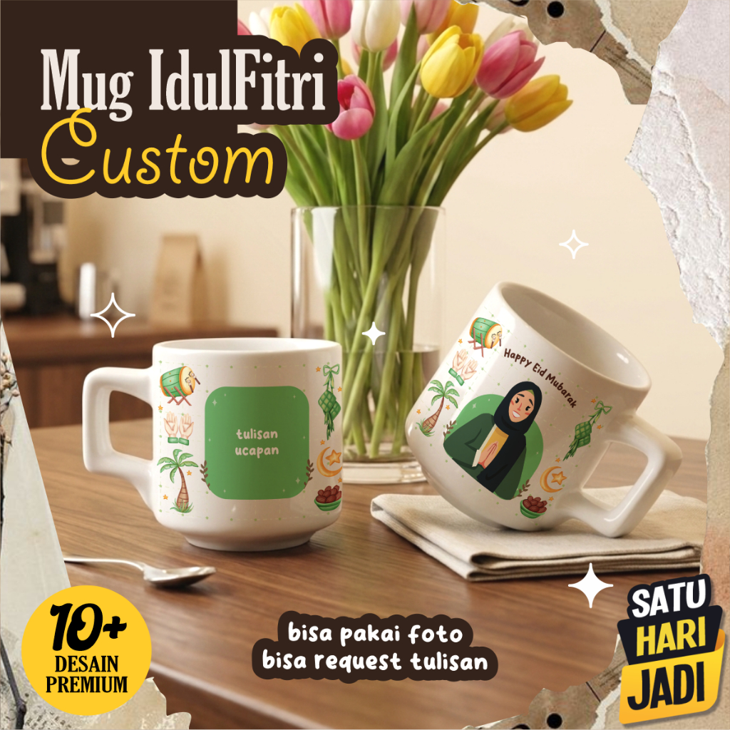 Souvenir Gelas Mug Custom foto dan tulisan Lebaran Idul Fitri