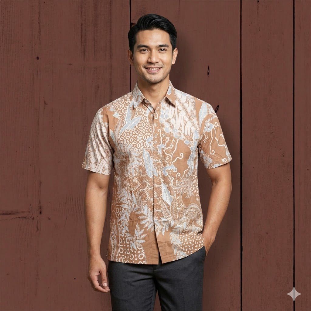 BATIK PERMANA ( SLIM-FIT) Cream Cokelat Muda Motif Daun Nusantara Batik Pria Kemeja Lengan Pendek Te