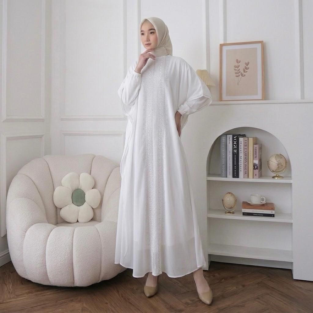 Rotsana - Gamis Kaftan Putih Hitam Premium Bordir dan Payet Elegan | Abaya Hitam Putih Muslimah Jumb