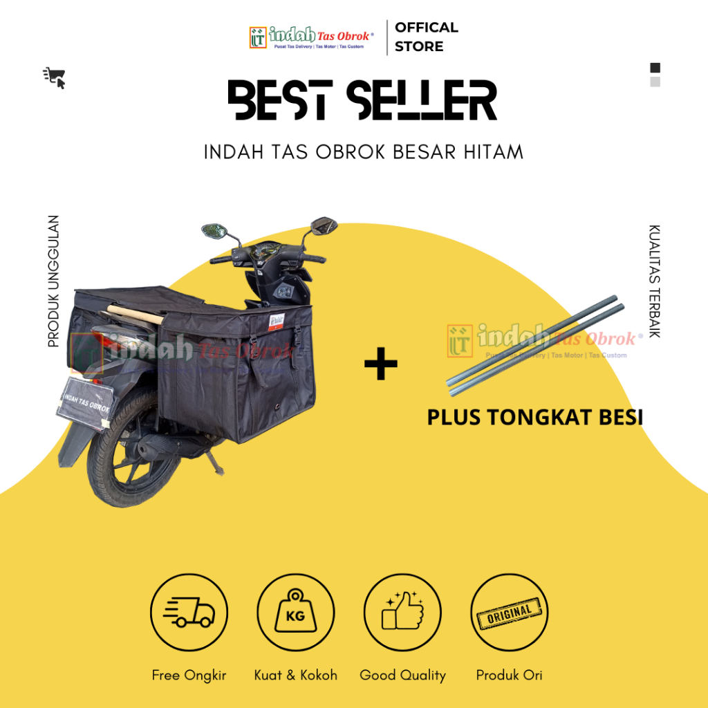 INDAH Tas Obrok - [PAKET HEMAT] Tas Motor Delivery Besar Hitam Kuat + Tongkat Besi