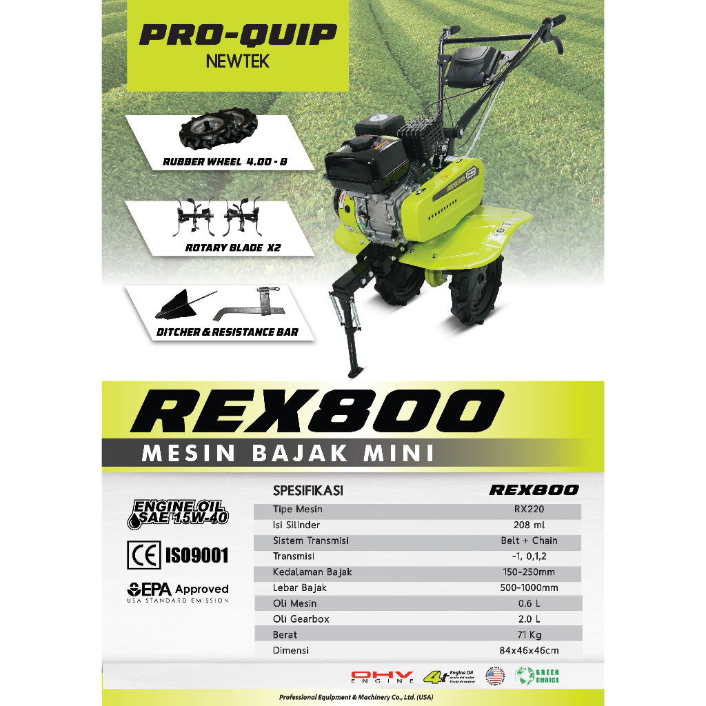 PROQUIP REX800 Mesin Traktor Bajak Sawah Mini / Tiller Cultivator, Tanah Basah Kering Pembajak Sawah