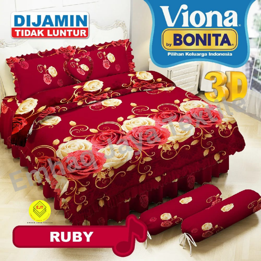 Bed Cover Rumbai Set King Bantal 2 Bonita Warna Merah Motif Bunga - Ukuran 180x200cm, Halus, Tebal, 