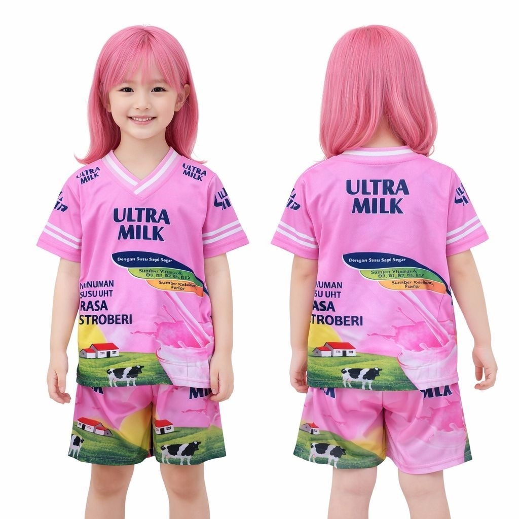 setelan Jersey anak-anak/motif susu ultra milk/setelan kaos anak-anak lengan pendek celana pendek/un