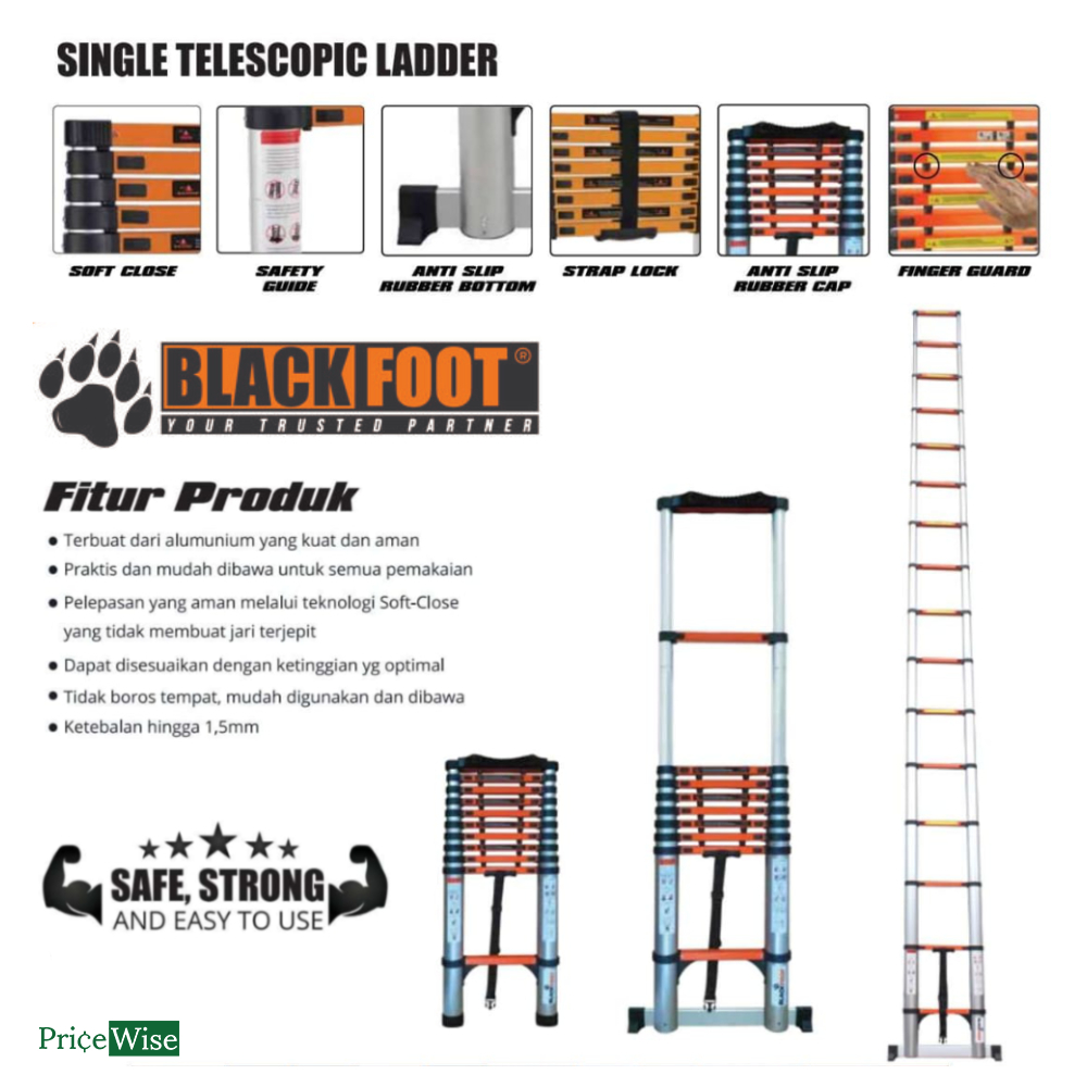 Tangga Teleskopik Aluminium Single Blackfoot / Single Telescopic