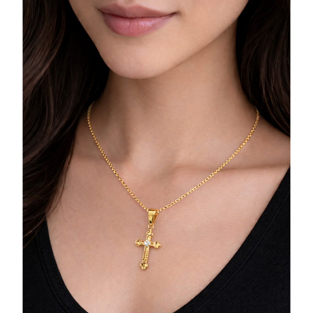 Set Kalung Liontin Salib Permata Koleksi Josean Elegant Emas Asli