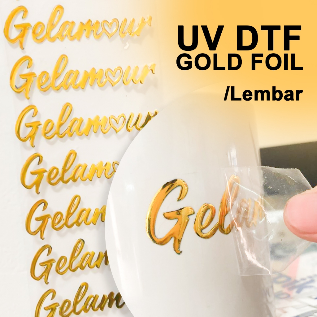 Stiker UV DTF Gold Foil | Custom desain dan ukuran | Harga 1 Lembar