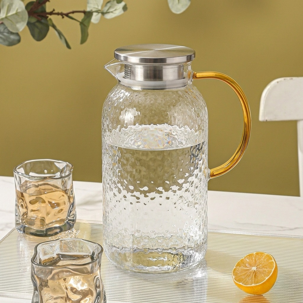 Pink Ocean Teko Kaca Pitcher Borosilicate 1.5L Tahan Panas Ergonomis Penutup Stainless Steel