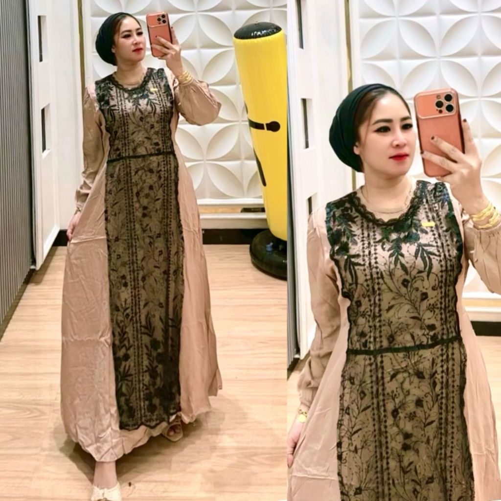 Gamis Brokat Hitam Gold Elegan – Cocok untuk Pesta & Kondangan