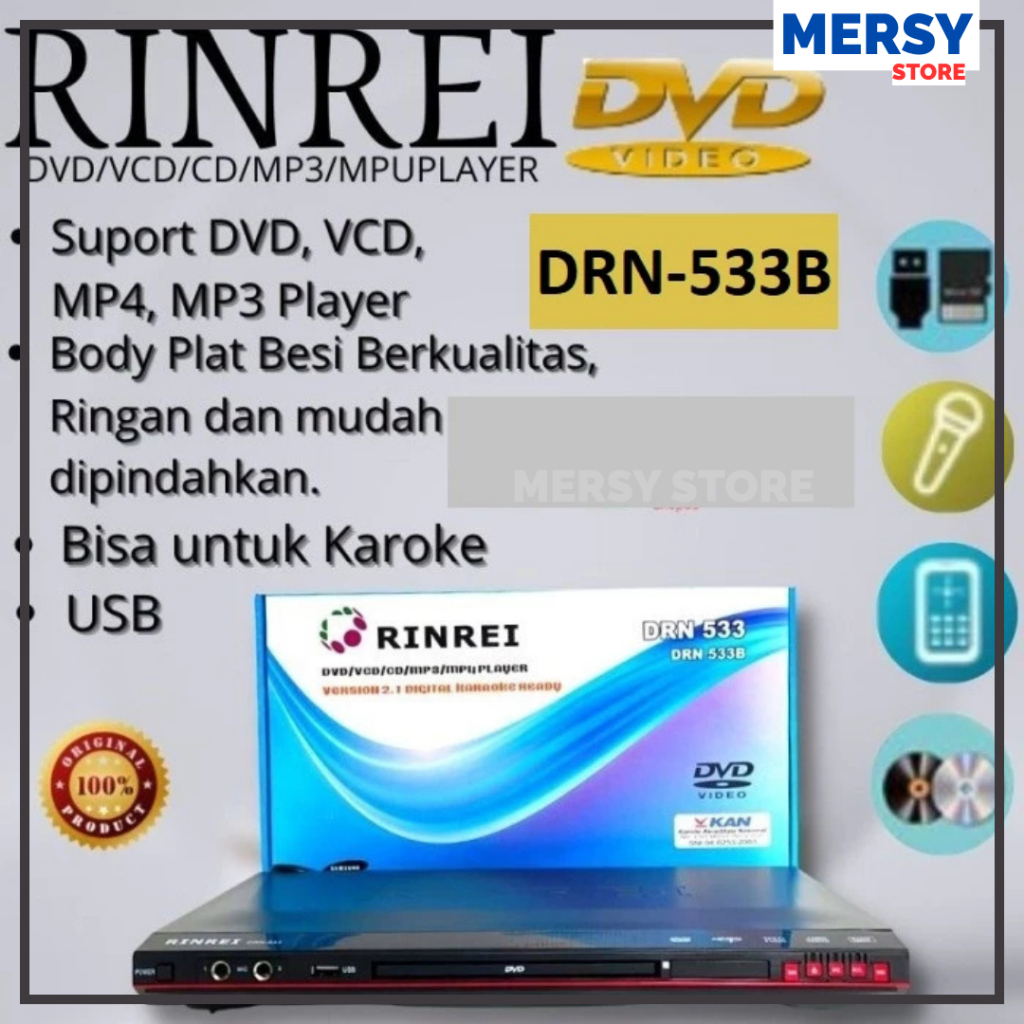 DVD Player RINREI DRN-533B Full Format USB & Karaoke – Body Plat Besi Awet