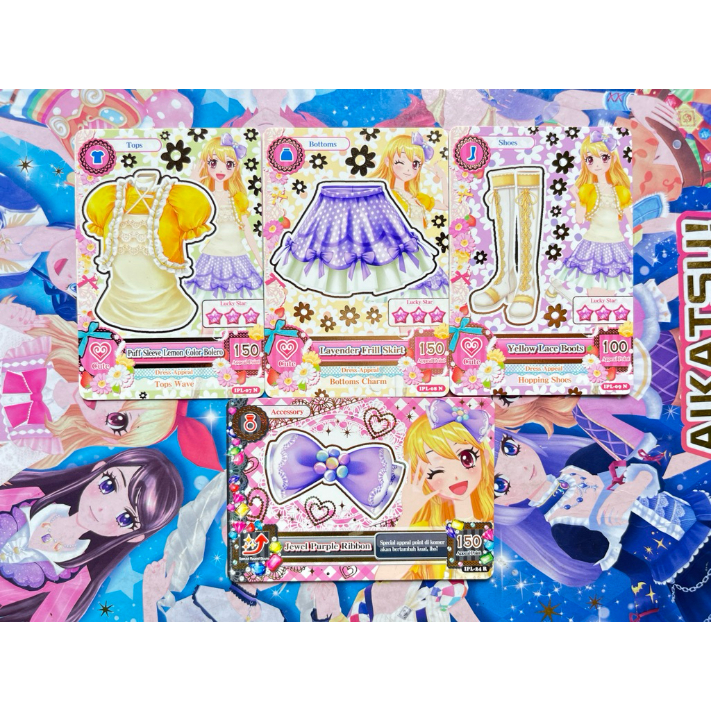 Kartu Aikatsu Rare Set Puff Sleeve Lavender Frill Yellow Lace Ichigo Hoshimiya Seri 1 Beta IPL Origi