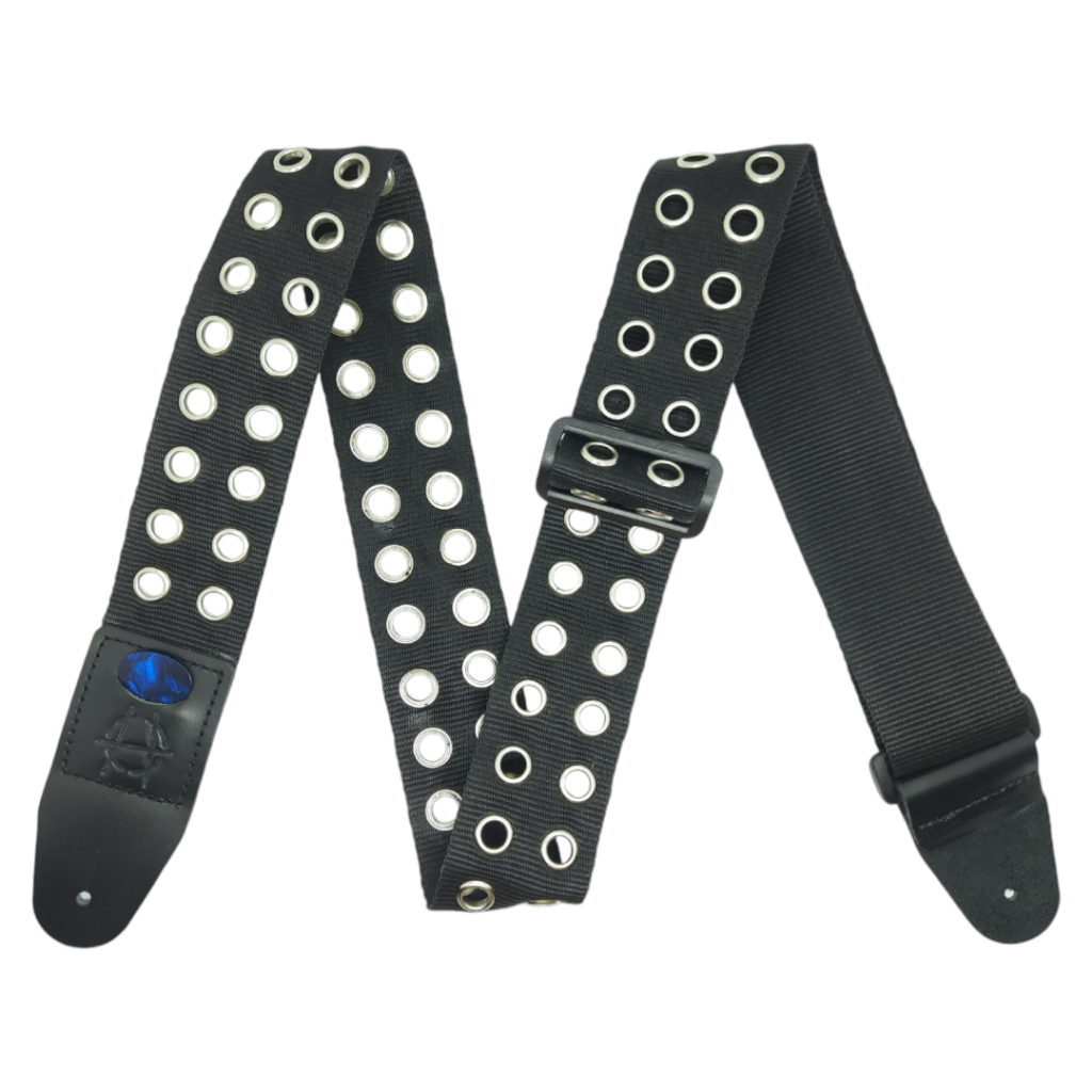 Strap gitar/bass eyelets chrome 2baris bahan webbing+kulit asli