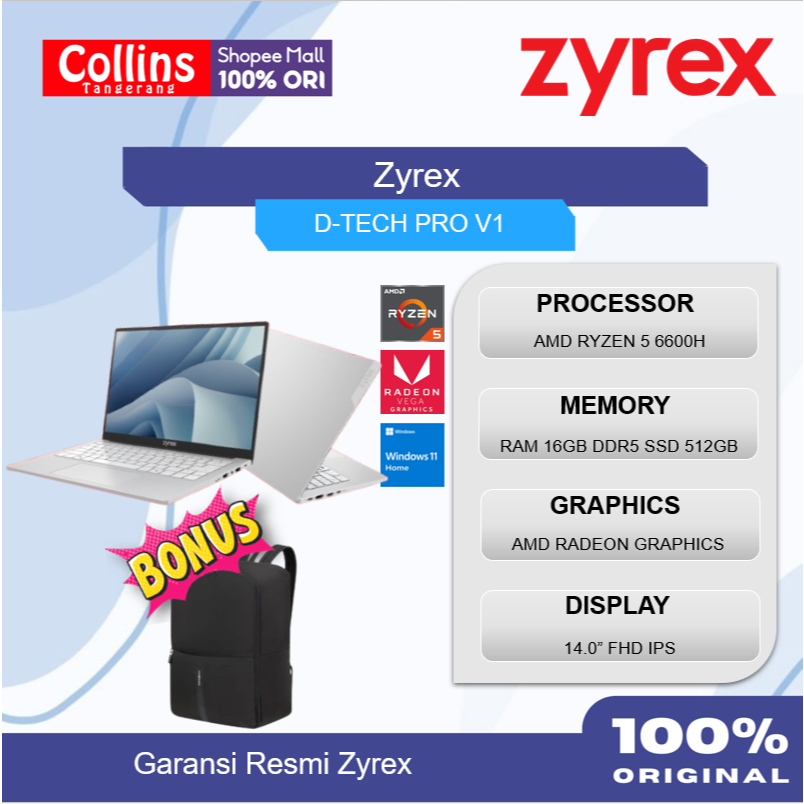 Zyrex D-Tech PRO V1 AMD Ryzen 5 6600H RAM 16GB SSD 512GB W11+OFFICE PRO ORI 14.0FHD IPS BLIT Garansi