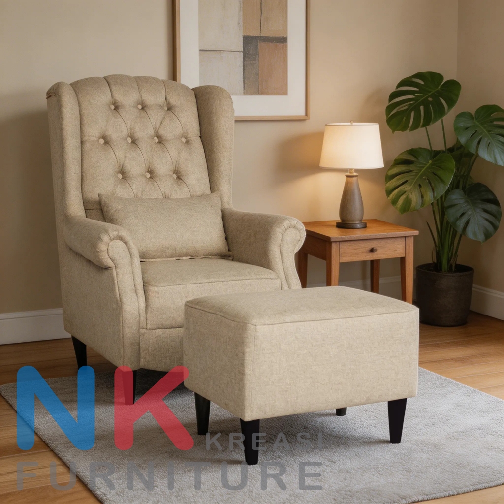 Sofa Wing Chair Classic Single Seater, Sofa Wing Chair 1 Dudukan + Stool